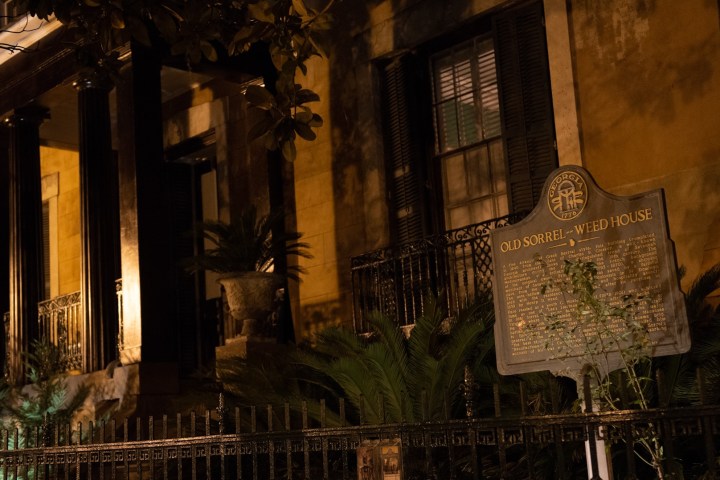 a store front at night